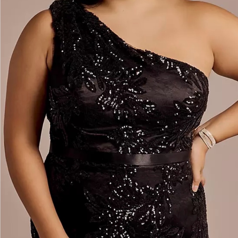 David's Bridal Black Sequin One-Shoulder Dress
